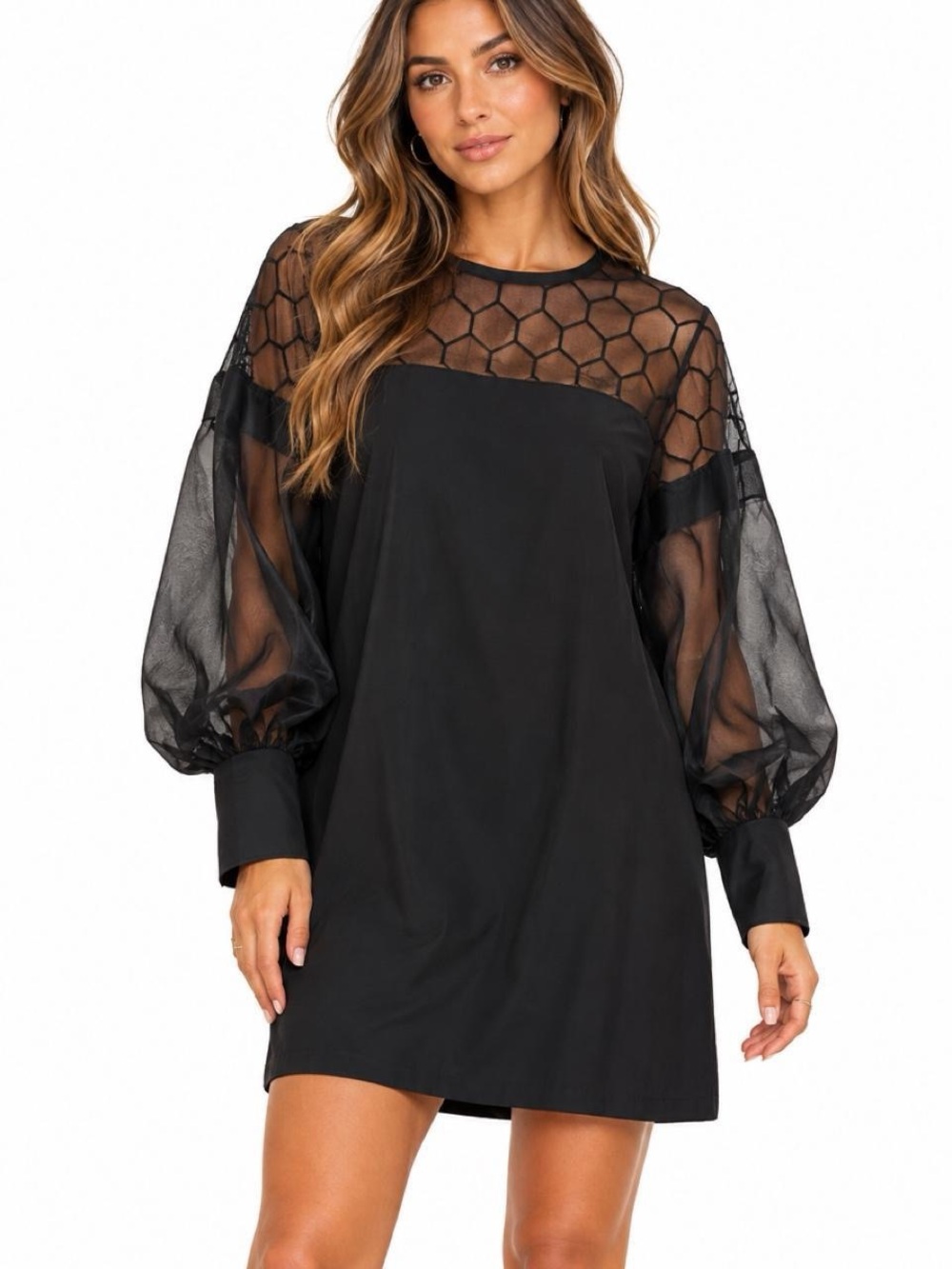 OSHOPLIVE Women's Black Long Sleeve Loose Round-Neck Mini Dress‎